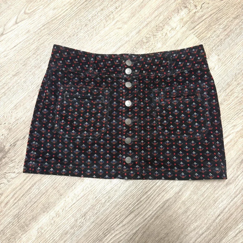 We The Free Free People Corduroy Mini Skirt Black Geometric Button Front Size 27